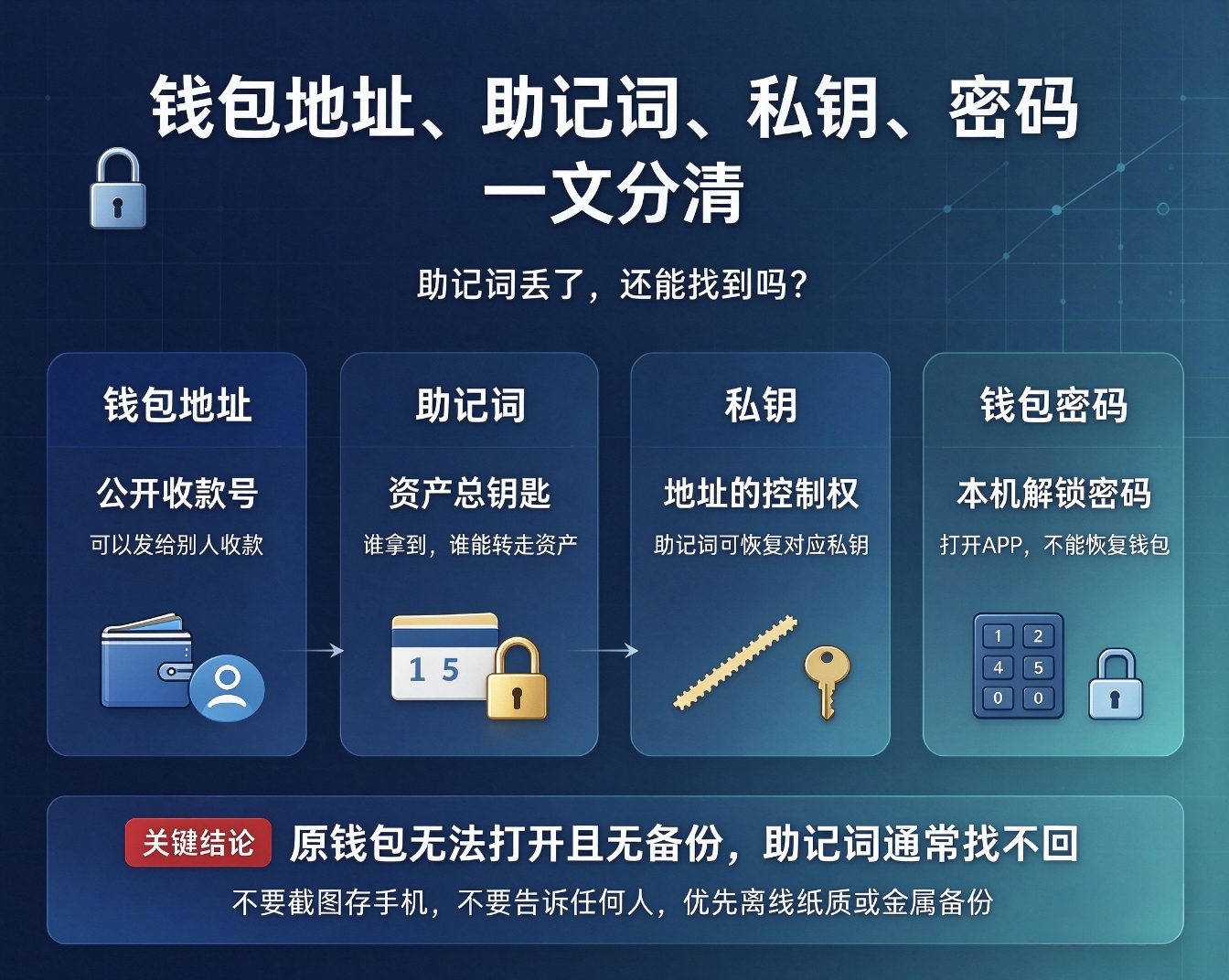 一分钟搞懂什么是钱包地址、助记词、私钥、密码，钱包助记词丢了还能找到吗？